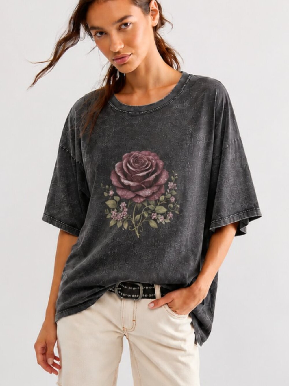 BOUTIQUE HIPPEE HARVEST MINERAL WASH DARK ROSE TEE